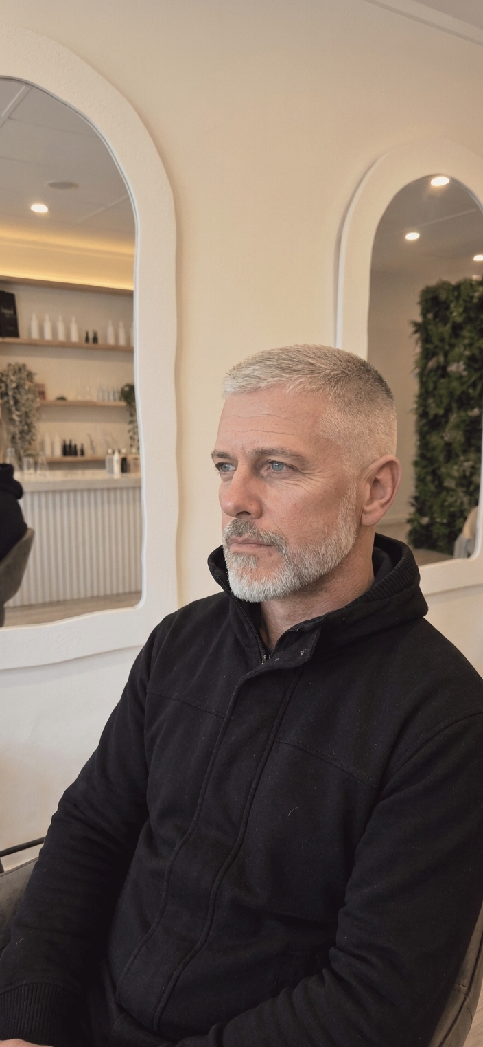 Silver men's crew cut
